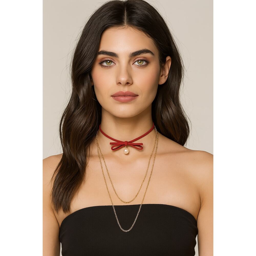 Carisma Choker Necklace Set Red Bow Pearl‎ Bead Gold Tone Layered Chains Gift